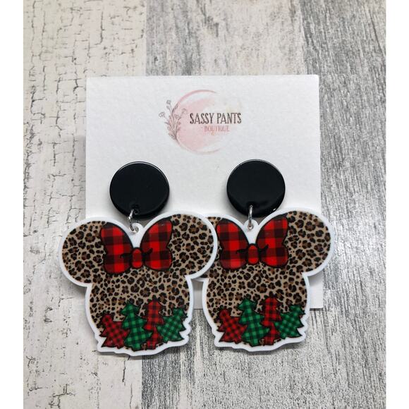 Minnie Mouse Leopard Christmas Earrings NEW - Picture 1 of 1
